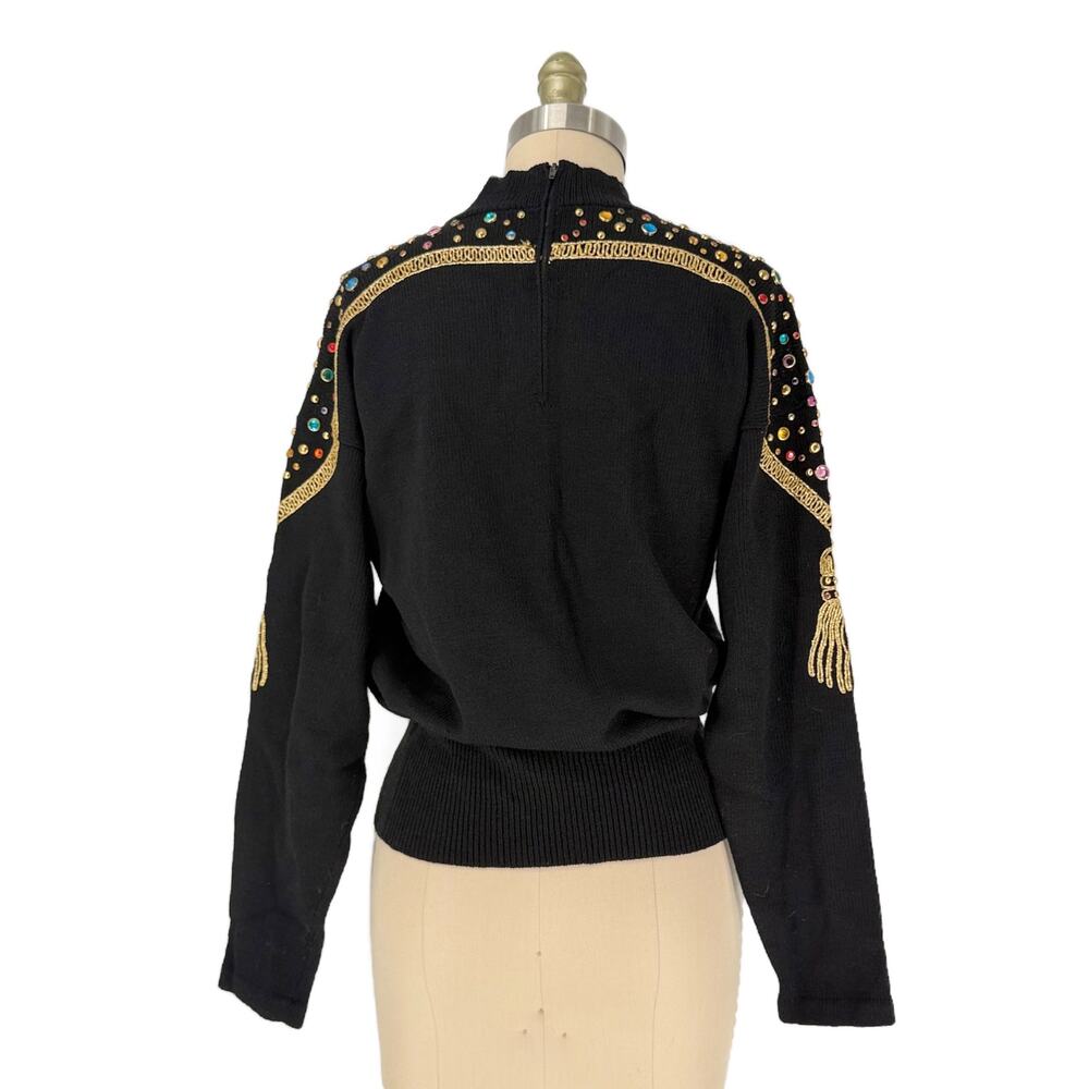 Vintage 80s Antonella Preve NY Gold Tassel + Studs + Rhinestone Sweater Medium - Picture 4 of 16